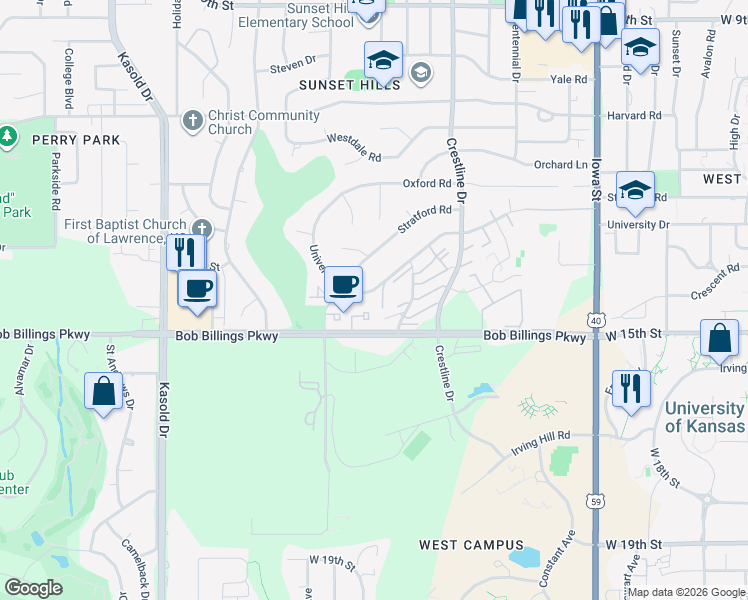 map of restaurants, bars, coffee shops, grocery stores, and more near 100-399 Weston Square in Lawrence