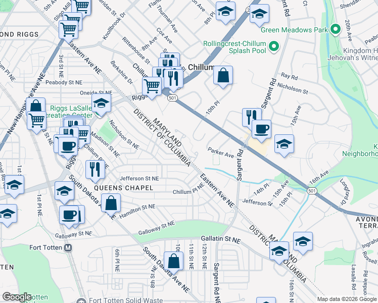 map of restaurants, bars, coffee shops, grocery stores, and more near 4979 Colburn Terrace in Hyattsville