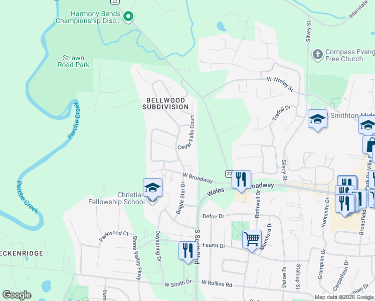 map of restaurants, bars, coffee shops, grocery stores, and more near 116 Cedar Falls Court in Columbia