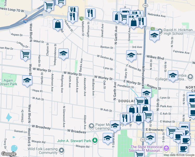 map of restaurants, bars, coffee shops, grocery stores, and more near 212 West Worley Street in Columbia