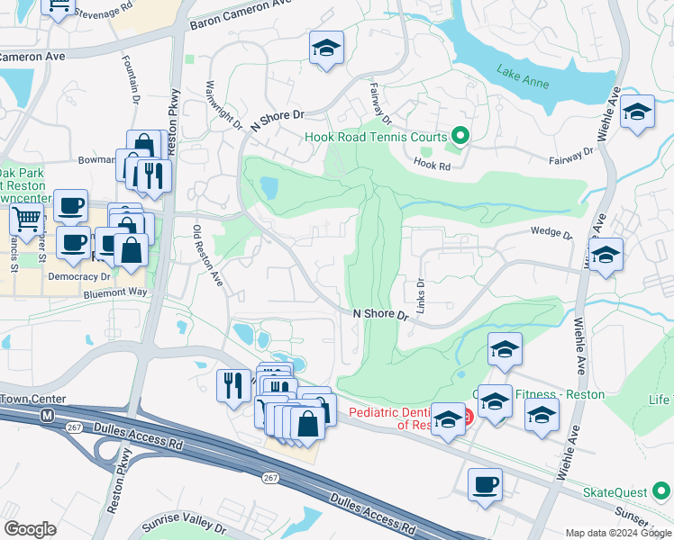 map of restaurants, bars, coffee shops, grocery stores, and more near 11741 North Shore Drive in Reston