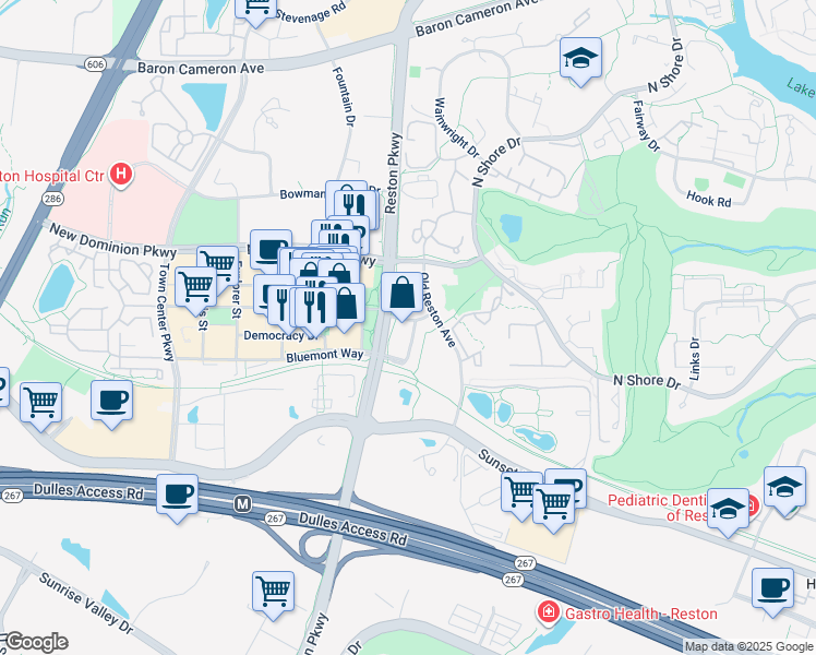 map of restaurants, bars, coffee shops, grocery stores, and more near 11775 Stratford House Place in Reston