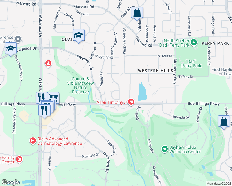 map of restaurants, bars, coffee shops, grocery stores, and more near 1403 Brighton Circle in Lawrence