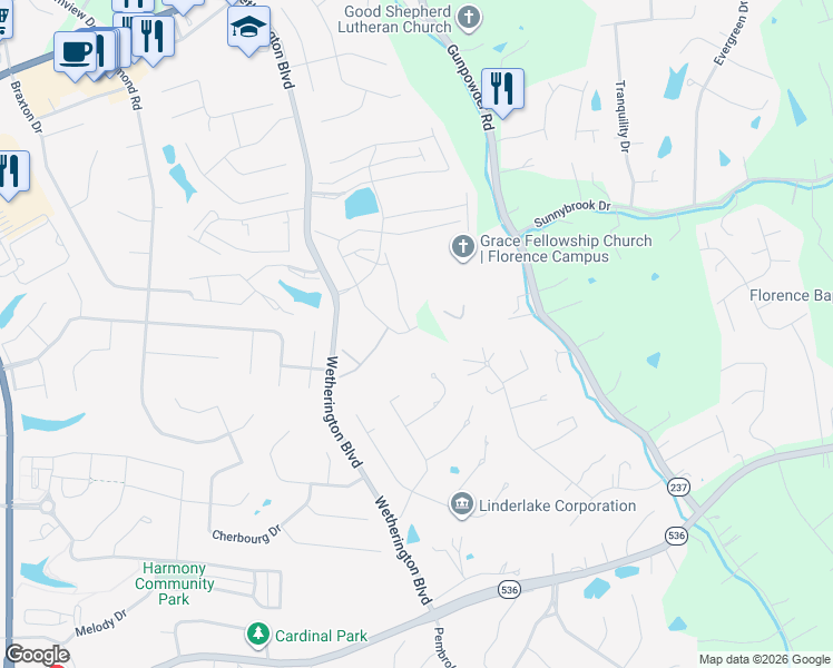 map of restaurants, bars, coffee shops, grocery stores, and more near 2419 Twelve Oaks Drive in Florence