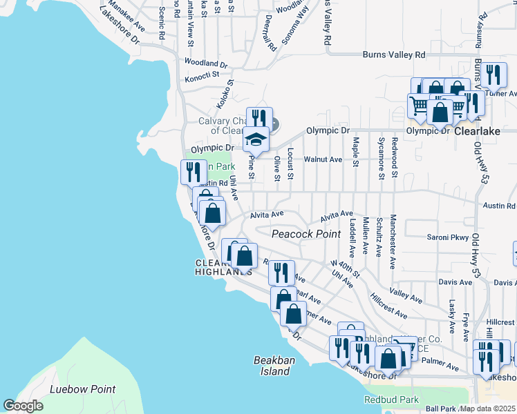 map of restaurants, bars, coffee shops, grocery stores, and more near 14260 Alvita Avenue in Clearlake