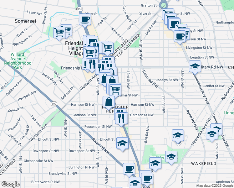 map of restaurants, bars, coffee shops, grocery stores, and more near 5225 43rd Street Northwest in Washington