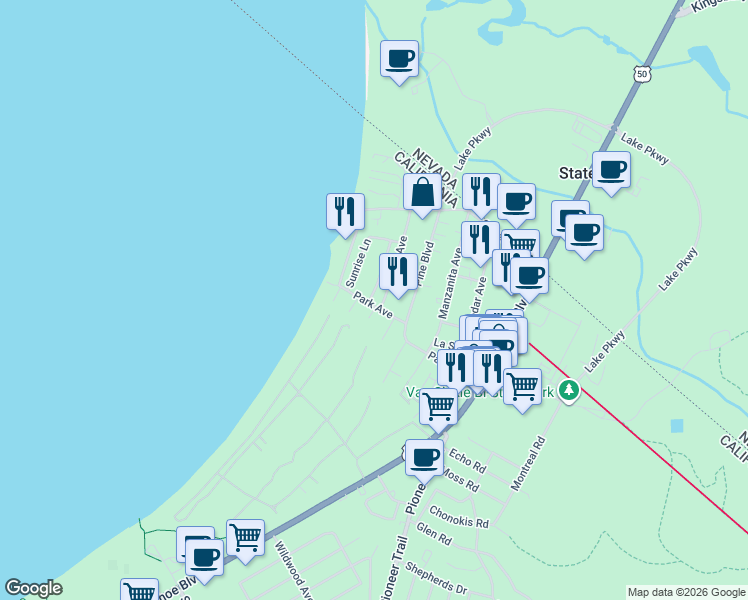 map of restaurants, bars, coffee shops, grocery stores, and more near 873 Park Avenue in South Lake Tahoe