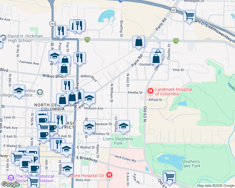 map of restaurants, bars, coffee shops, grocery stores, and more near 1604 Amelia Street in Columbia