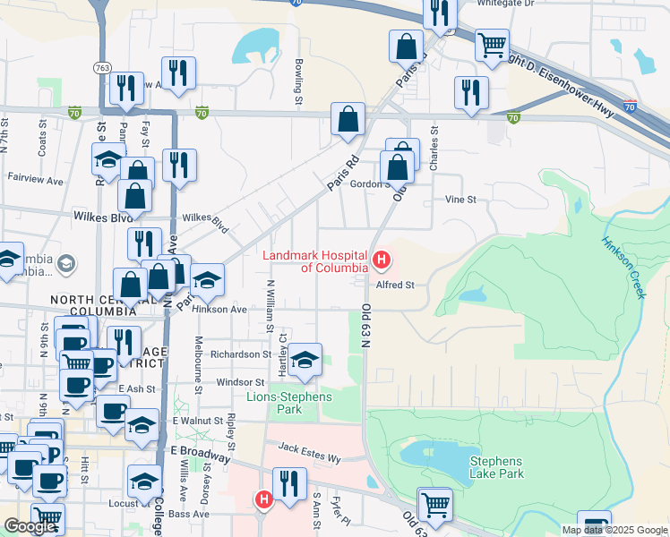 map of restaurants, bars, coffee shops, grocery stores, and more near 1708 Amelia Street in Columbia
