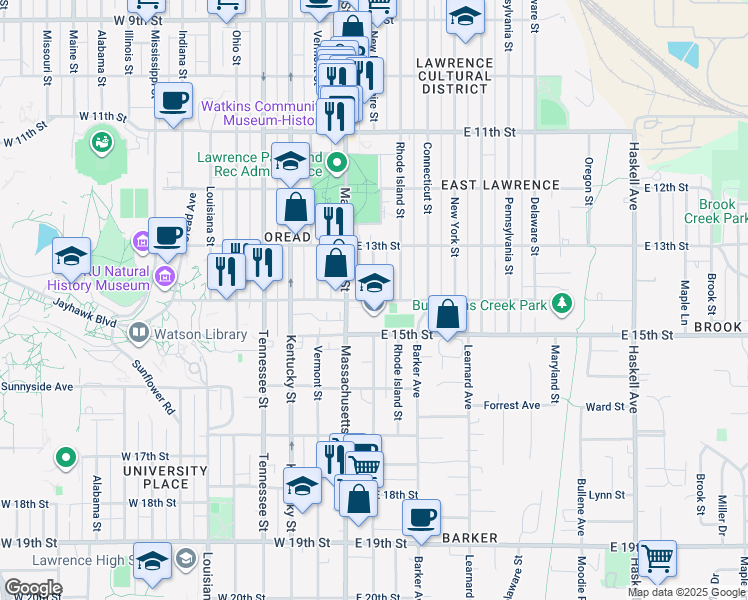 map of restaurants, bars, coffee shops, grocery stores, and more near New Hampshire Street in Lawrence