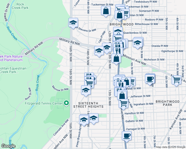 map of restaurants, bars, coffee shops, grocery stores, and more near 1352 Madison Street Northwest in Washington