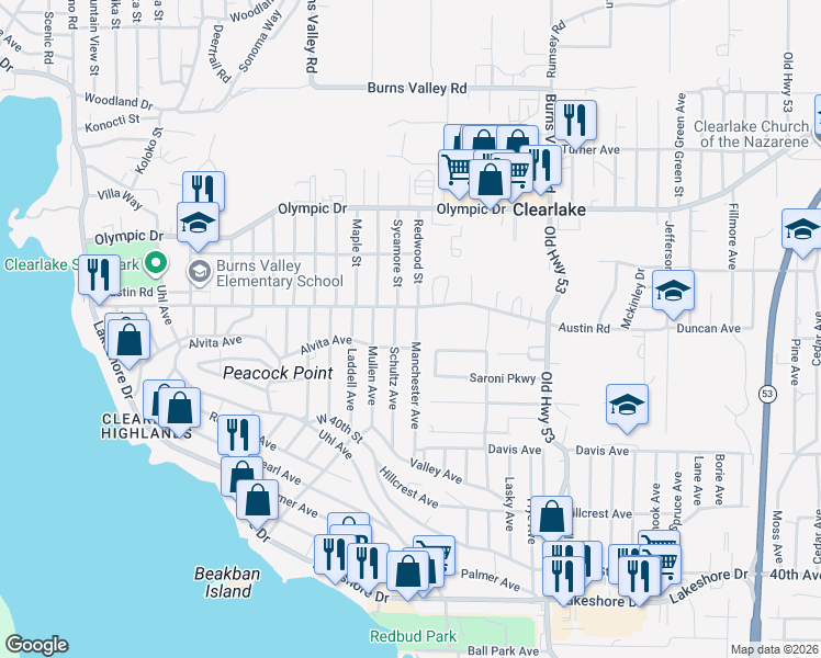 map of restaurants, bars, coffee shops, grocery stores, and more near 3771 Manchester Avenue in Clearlake