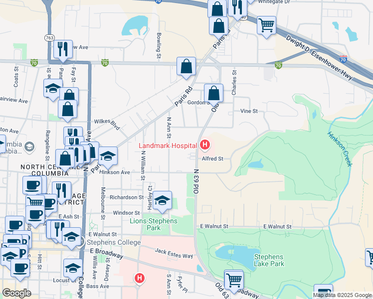 map of restaurants, bars, coffee shops, grocery stores, and more near 1714 Amelia Street in Columbia