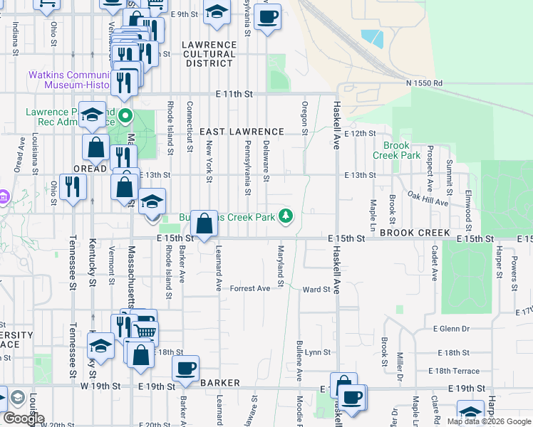 map of restaurants, bars, coffee shops, grocery stores, and more near 791 East 14th Street in Lawrence
