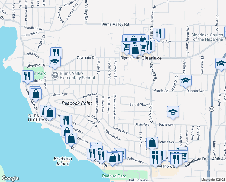 map of restaurants, bars, coffee shops, grocery stores, and more near 3771 Manchester Avenue in Clearlake