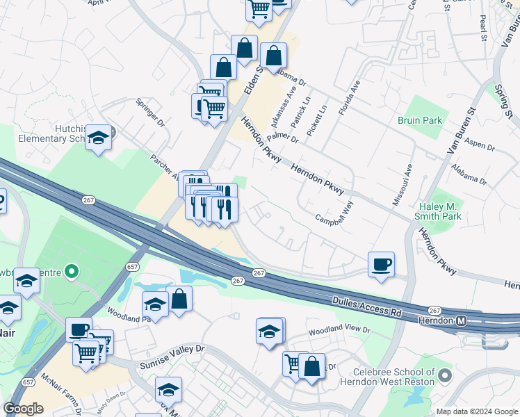 map of restaurants, bars, coffee shops, grocery stores, and more near 2101 Raven Tower Court in Herndon