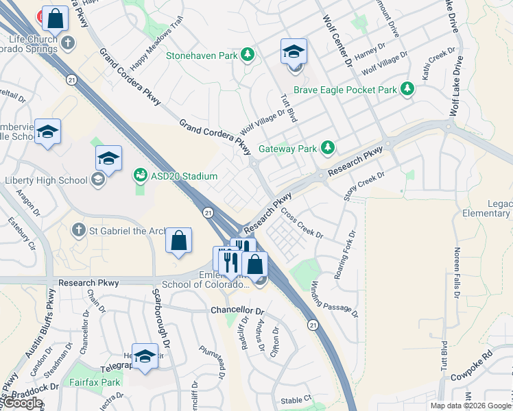 map of restaurants, bars, coffee shops, grocery stores, and more near 8707 Shady Ridge Grove in Colorado Springs