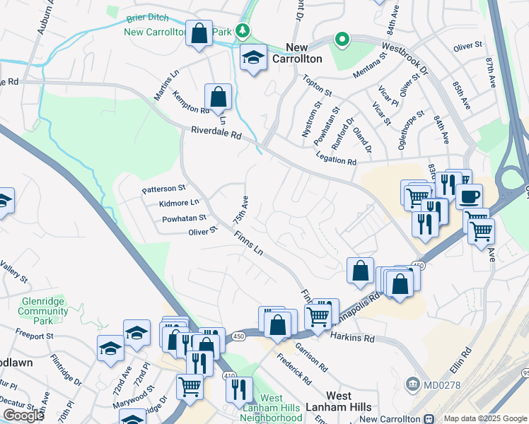 map of restaurants, bars, coffee shops, grocery stores, and more near 7521 Riverdale Road in New Carrollton
