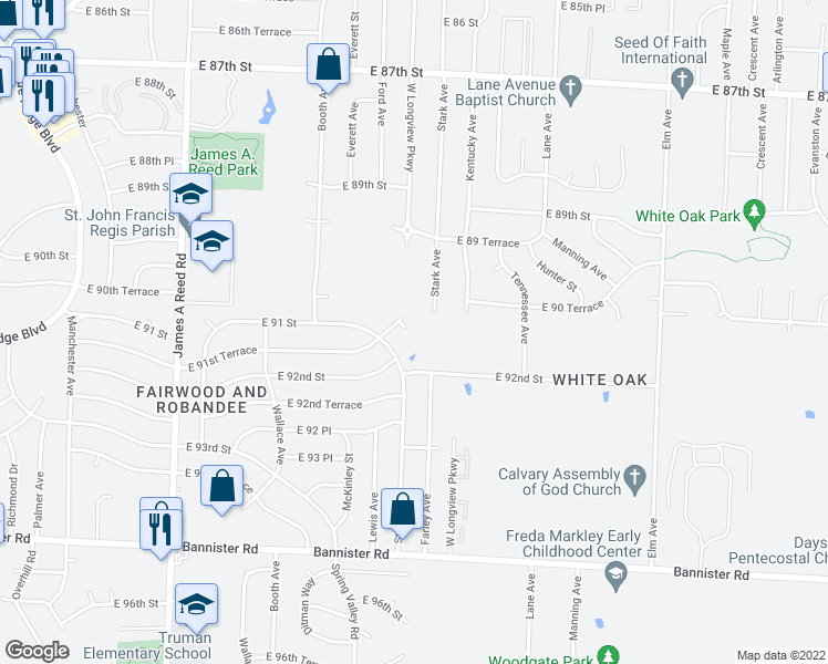 map of restaurants, bars, coffee shops, grocery stores, and more near 9053 Lewis Avenue in Kansas City