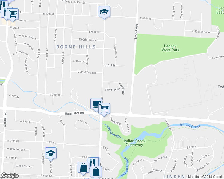 map of restaurants, bars, coffee shops, grocery stores, and more near 9425 Holmes Road in Kansas City