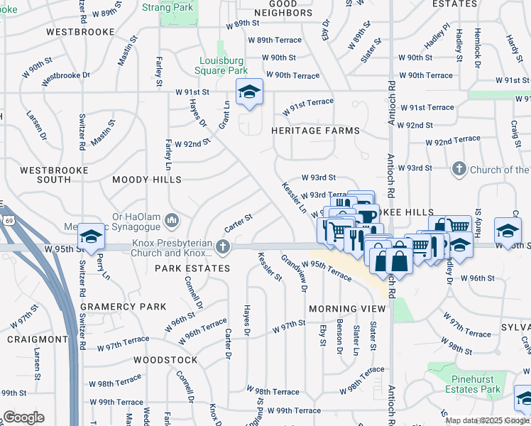 map of restaurants, bars, coffee shops, grocery stores, and more near 9302 Grant Drive in Overland Park
