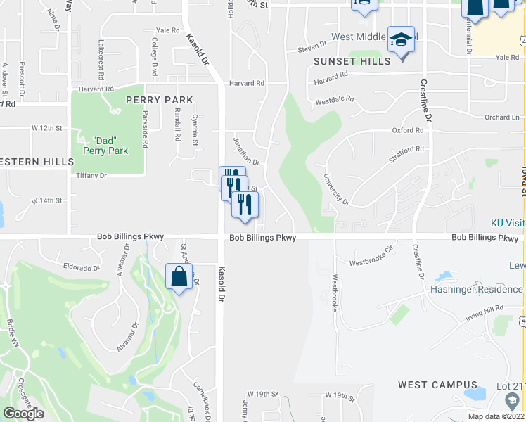 map of restaurants, bars, coffee shops, grocery stores, and more near 1403 Apple Lane in Lawrence