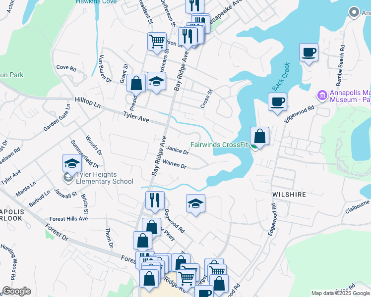 map of restaurants, bars, coffee shops, grocery stores, and more near 818 Janice Drive in Annapolis