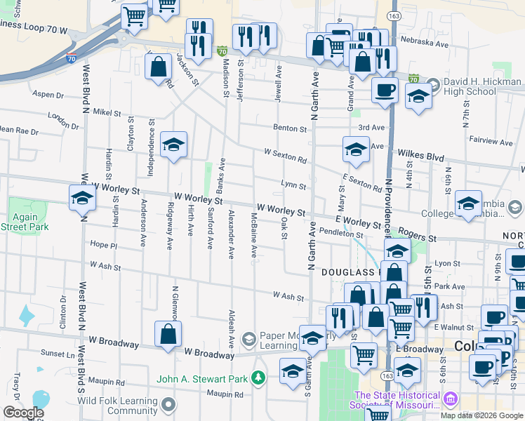 map of restaurants, bars, coffee shops, grocery stores, and more near 212 W Worley St in Columbia