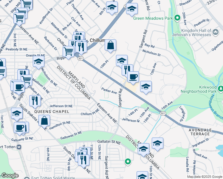 map of restaurants, bars, coffee shops, grocery stores, and more near 1202 Parker Avenue in Hyattsville