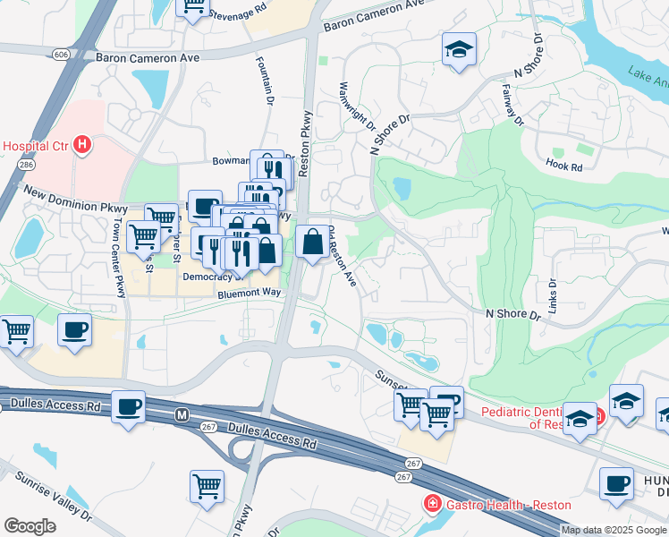 map of restaurants, bars, coffee shops, grocery stores, and more near 1851 Stratford Park Place in Reston