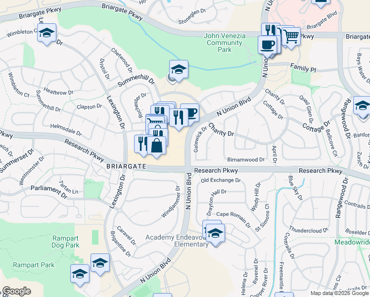 map of restaurants, bars, coffee shops, grocery stores, and more near 8708 North Union Boulevard in Colorado Springs