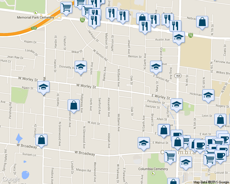 map of restaurants, bars, coffee shops, grocery stores, and more near 304 West Worley Street in Columbia