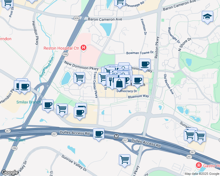 map of restaurants, bars, coffee shops, grocery stores, and more near Town Square Street in Reston