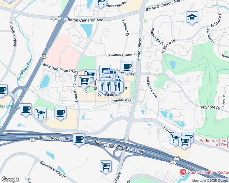 map of restaurants, bars, coffee shops, grocery stores, and more near 11900 Market Street in Reston