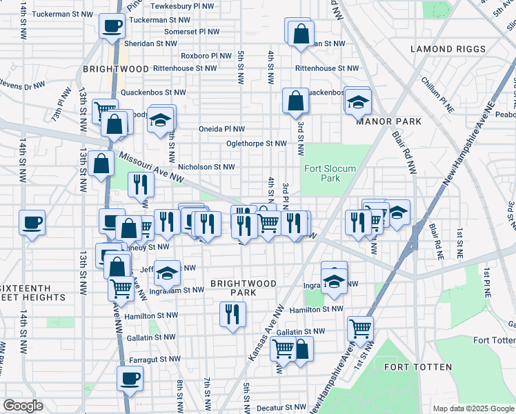 map of restaurants, bars, coffee shops, grocery stores, and more near 421 Missouri Avenue Northwest in Washington