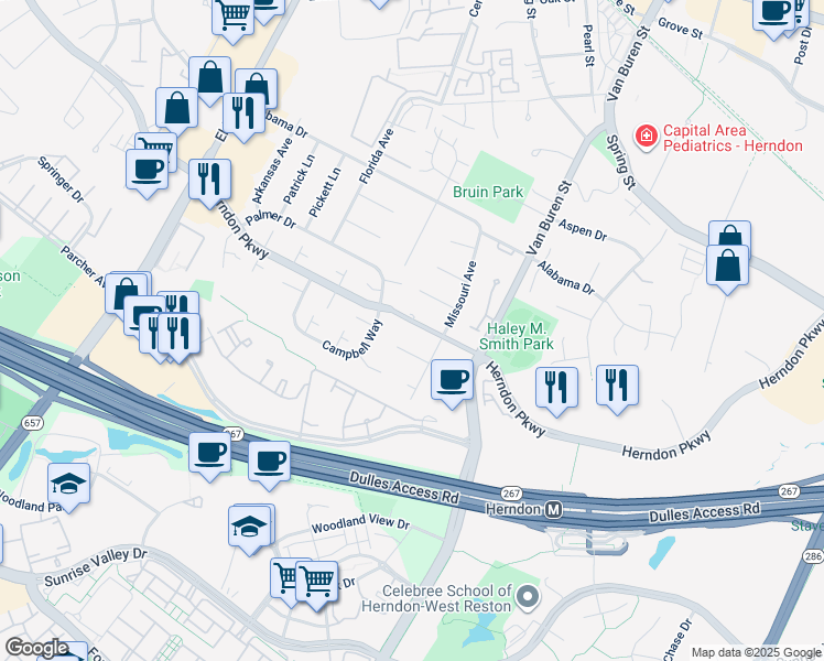 map of restaurants, bars, coffee shops, grocery stores, and more near 657 Herndon Parkway in Herndon