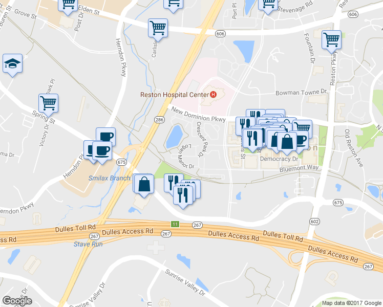 map of restaurants, bars, coffee shops, grocery stores, and more near 12154 Tryton Way in Reston