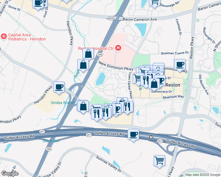 map of restaurants, bars, coffee shops, grocery stores, and more near 12154 Tryton Way in Reston