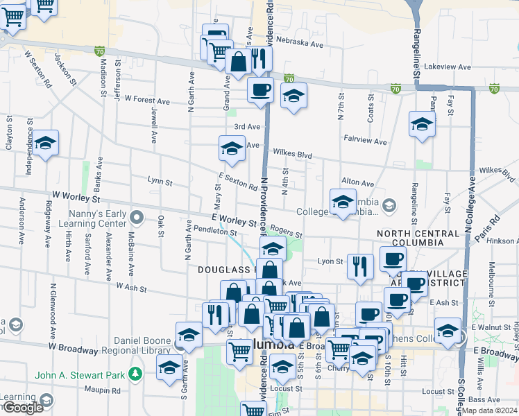 map of restaurants, bars, coffee shops, grocery stores, and more near 511 North Providence Road in Columbia