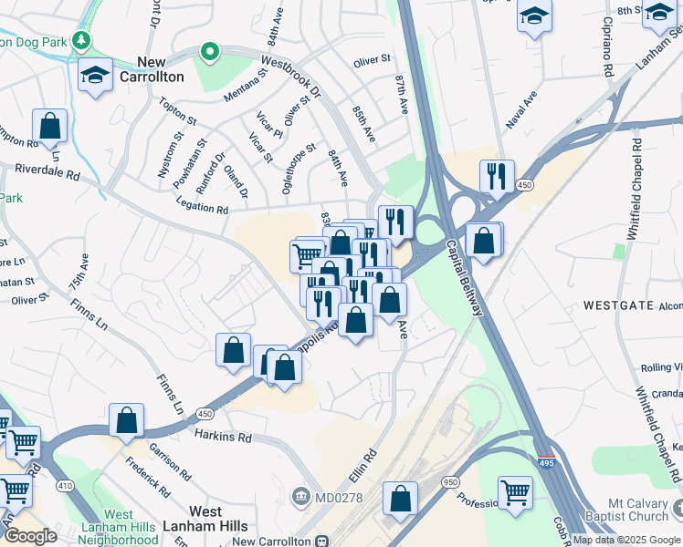 map of restaurants, bars, coffee shops, grocery stores, and more near 8454 Annapolis Road in New Carrollton