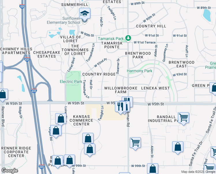 map of restaurants, bars, coffee shops, grocery stores, and more near 15308 West 94th Street in Lenexa