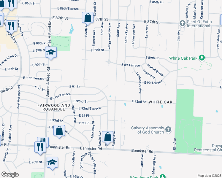map of restaurants, bars, coffee shops, grocery stores, and more near 9053 Lewis Avenue in Kansas City
