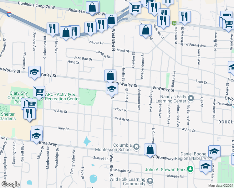 map of restaurants, bars, coffee shops, grocery stores, and more near 912 Again Street in Columbia