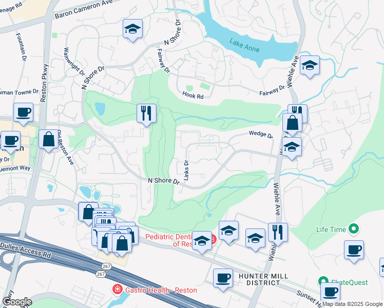 map of restaurants, bars, coffee shops, grocery stores, and more near 1721 Torrey Pines Court in Reston