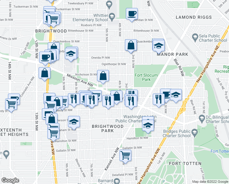 map of restaurants, bars, coffee shops, grocery stores, and more near 421 Missouri Avenue Northwest in Washington