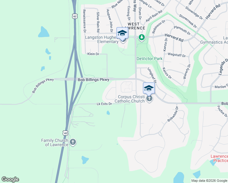 map of restaurants, bars, coffee shops, grocery stores, and more near 1516 Legend Trail Drive in Lawrence