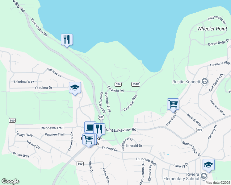 map of restaurants, bars, coffee shops, grocery stores, and more near 4817 Klamath Road in Kelseyville
