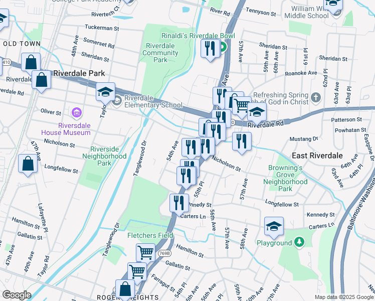 map of restaurants, bars, coffee shops, grocery stores, and more near 5409 Riverdale Rd in Riverdale