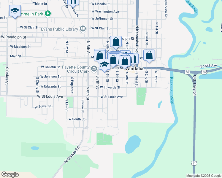 map of restaurants, bars, coffee shops, grocery stores, and more near 412 South 6th Street in Vandalia