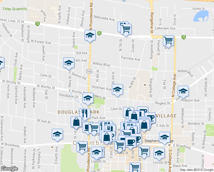 map of restaurants, bars, coffee shops, grocery stores, and more near 511 Hickman Avenue in Columbia